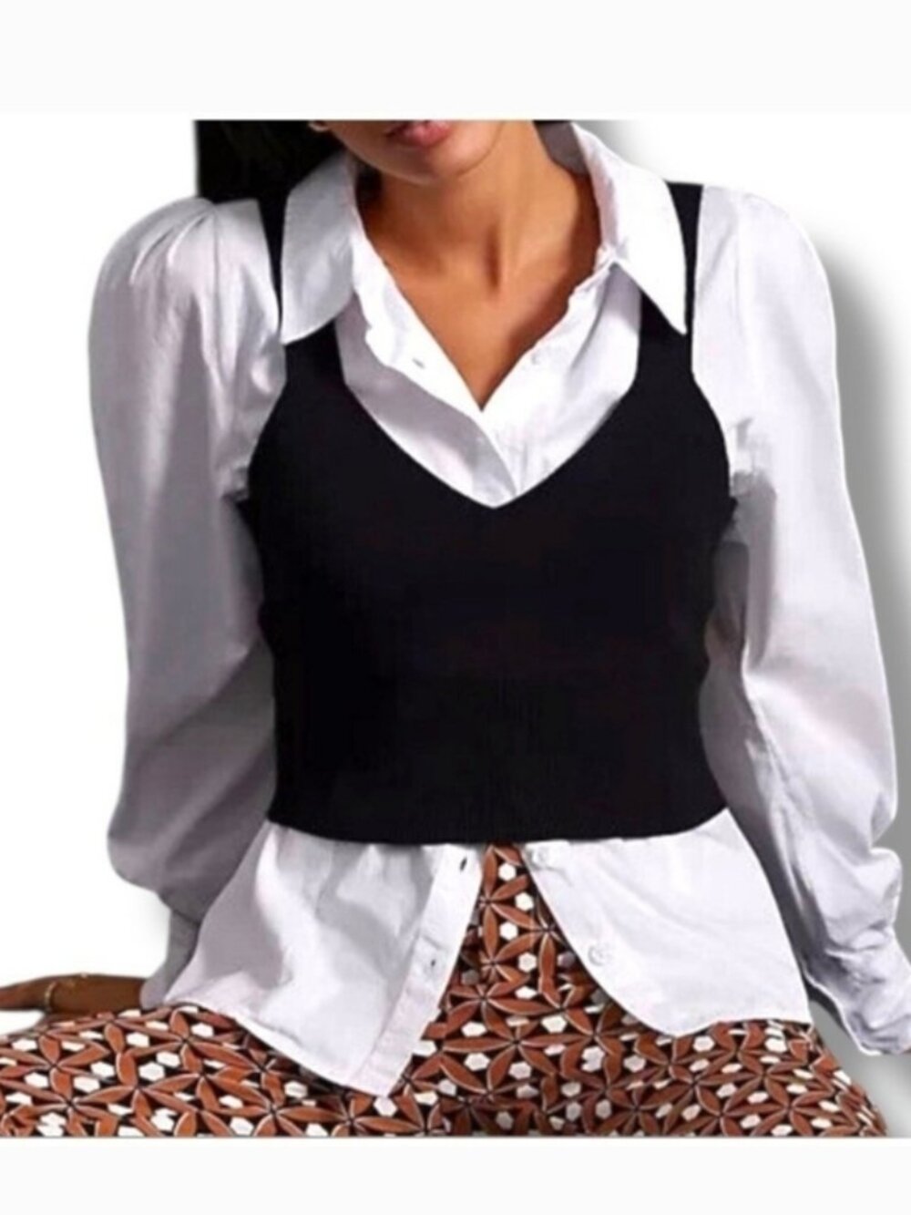 Maeve Layered Black White Top Size M